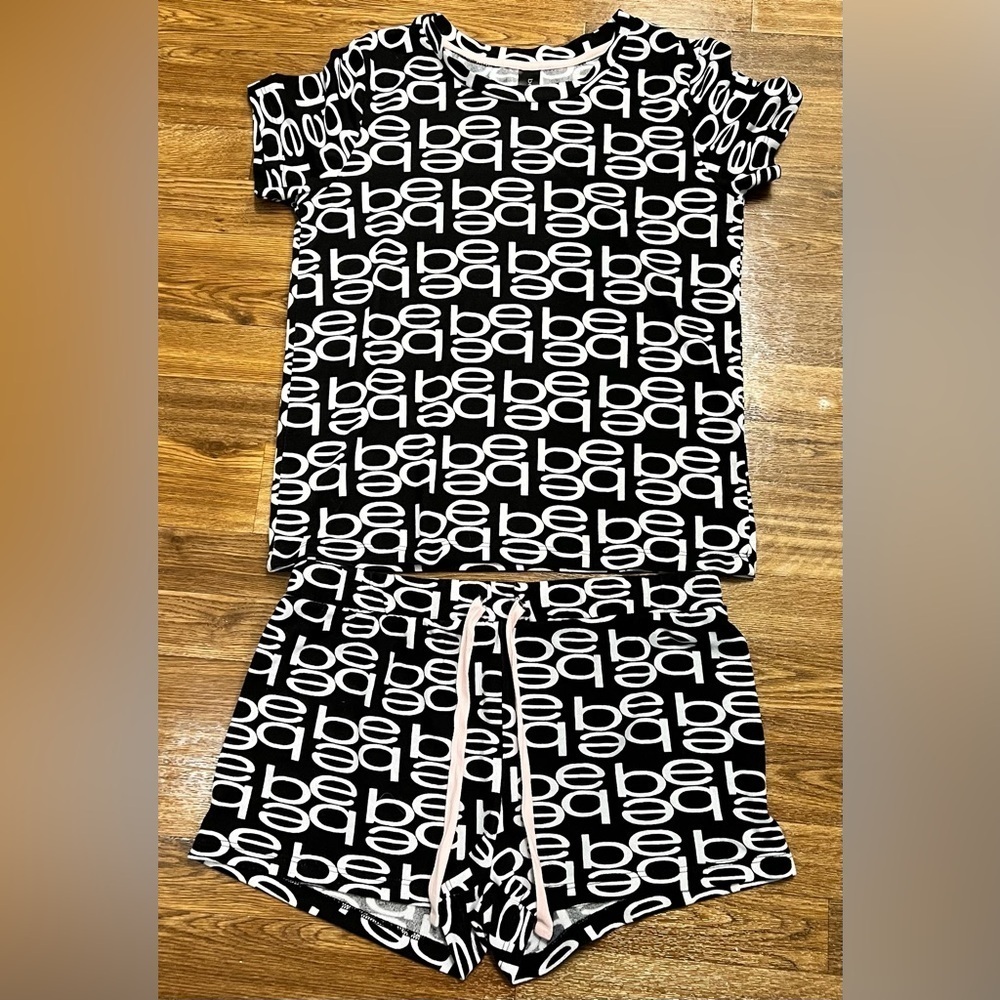 bebe logo black and white 2 piece PJ set shorts shirt soft lightweight Med EUC - Picture 2 of 6
